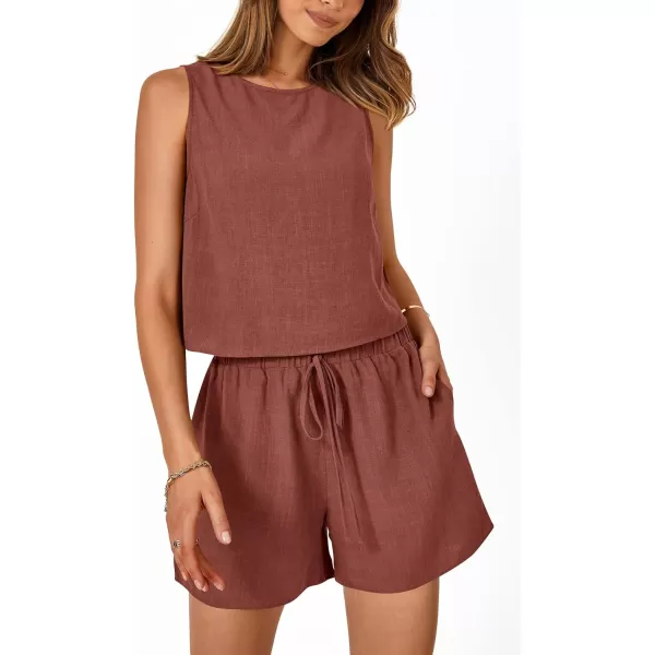 imagePRETTYGARDEN Womens 2023 Summer 2 Piece Outfits Casual Button Back Crop Tank Tops and High Waist Shorts SetRust Red