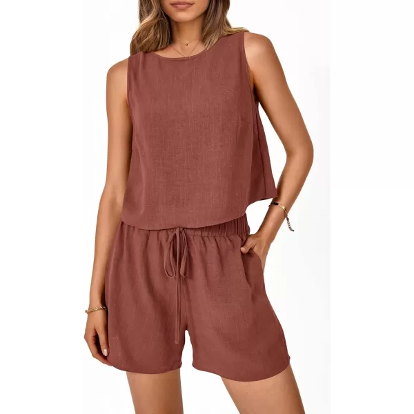 imagePRETTYGARDEN Womens 2023 Summer 2 Piece Outfits Casual Button Back Crop Tank Tops and High Waist Shorts SetRust Red