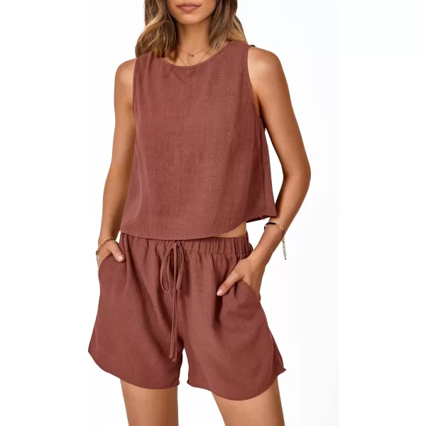 imagePRETTYGARDEN Womens 2023 Summer 2 Piece Outfits Casual Button Back Crop Tank Tops and High Waist Shorts SetRust Red