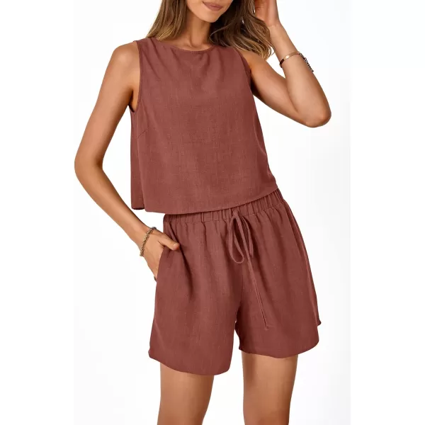 imagePRETTYGARDEN Womens 2023 Summer 2 Piece Outfits Casual Button Back Crop Tank Tops and High Waist Shorts SetRust Red