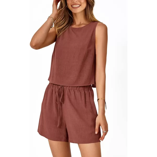 imagePRETTYGARDEN Womens 2023 Summer 2 Piece Outfits Casual Button Back Crop Tank Tops and High Waist Shorts SetRust Red