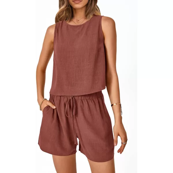 imagePRETTYGARDEN Womens 2023 Summer 2 Piece Outfits Casual Button Back Crop Tank Tops and High Waist Shorts SetRust Red