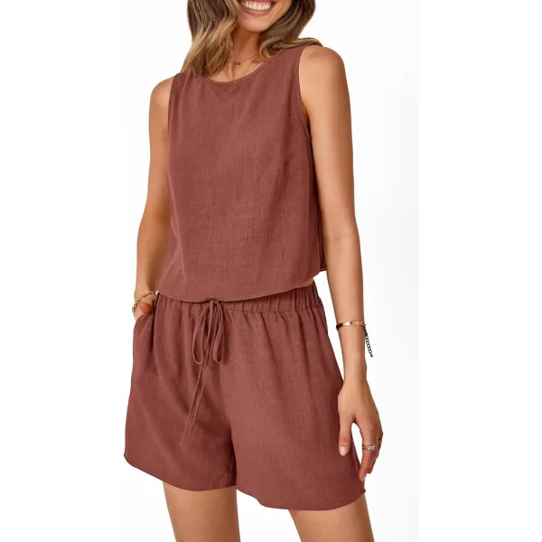 imagePRETTYGARDEN Womens 2023 Summer 2 Piece Outfits Casual Button Back Crop Tank Tops and High Waist Shorts SetRust Red