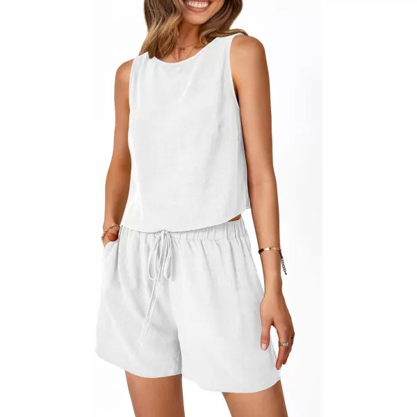 imagePRETTYGARDEN Womens 2023 Summer 2 Piece Outfits Casual Button Back Crop Tank Tops and High Waist Shorts SetWhite