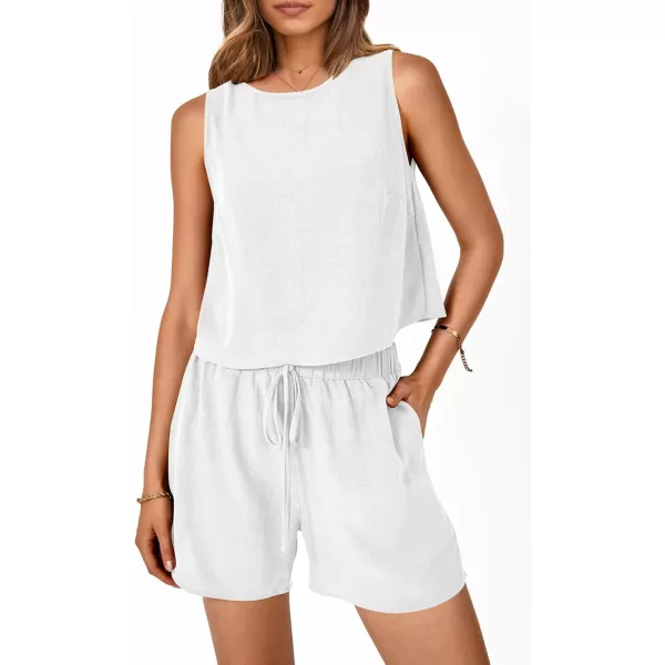 imagePRETTYGARDEN Womens 2023 Summer 2 Piece Outfits Casual Button Back Crop Tank Tops and High Waist Shorts SetWhite