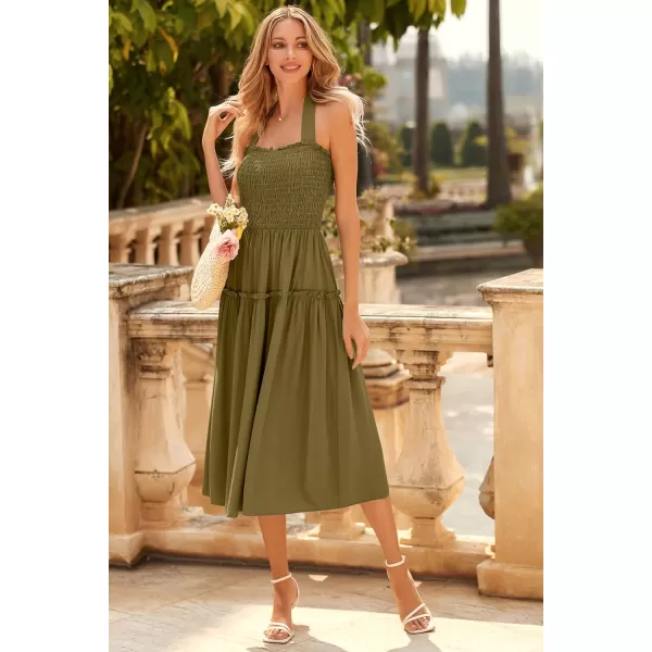 imagePRETTYGARDEN Womens 2023 Summer Maxi Dress Halter Neck Backless Ruffle Smocked Casual Long Flowy Boho DressesArmy Green