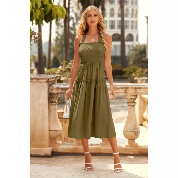 imagePRETTYGARDEN Womens 2023 Summer Maxi Dress Halter Neck Backless Ruffle Smocked Casual Long Flowy Boho DressesArmy Green