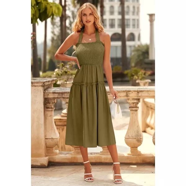 imagePRETTYGARDEN Womens 2023 Summer Maxi Dress Halter Neck Backless Ruffle Smocked Casual Long Flowy Boho DressesArmy Green