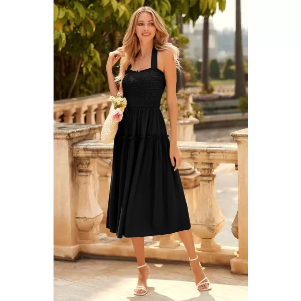 imagePRETTYGARDEN Womens 2023 Summer Maxi Dress Halter Neck Backless Ruffle Smocked Casual Long Flowy Boho DressesBlack