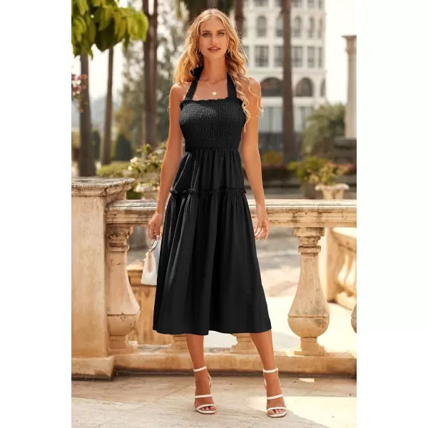 imagePRETTYGARDEN Womens 2023 Summer Maxi Dress Halter Neck Backless Ruffle Smocked Casual Long Flowy Boho DressesBlack