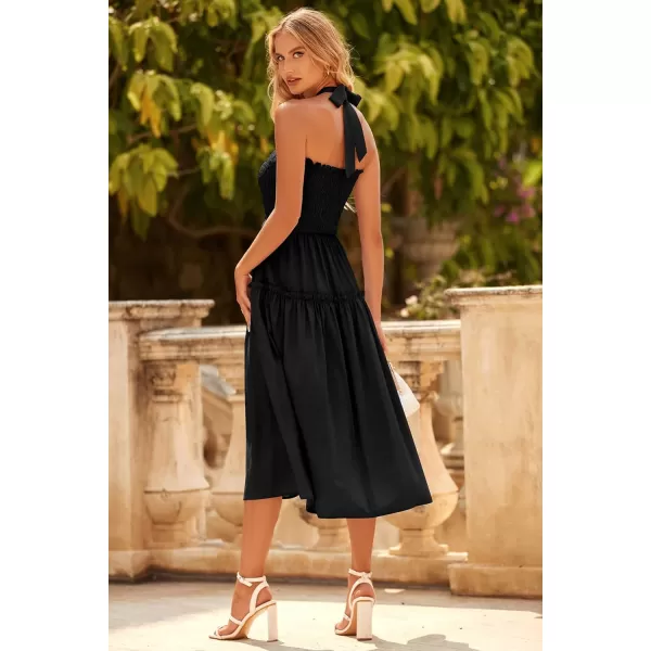 imagePRETTYGARDEN Womens 2023 Summer Maxi Dress Halter Neck Backless Ruffle Smocked Casual Long Flowy Boho DressesBlack