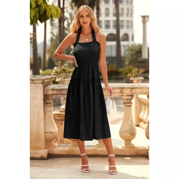 imagePRETTYGARDEN Womens 2023 Summer Maxi Dress Halter Neck Backless Ruffle Smocked Casual Long Flowy Boho DressesBlack