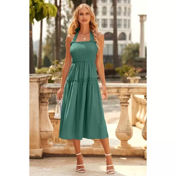 imagePRETTYGARDEN Womens 2023 Summer Maxi Dress Halter Neck Backless Ruffle Smocked Casual Long Flowy Boho DressesDark Grey Green