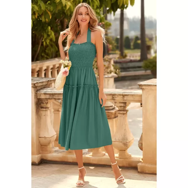 imagePRETTYGARDEN Womens 2023 Summer Maxi Dress Halter Neck Backless Ruffle Smocked Casual Long Flowy Boho DressesDark Grey Green