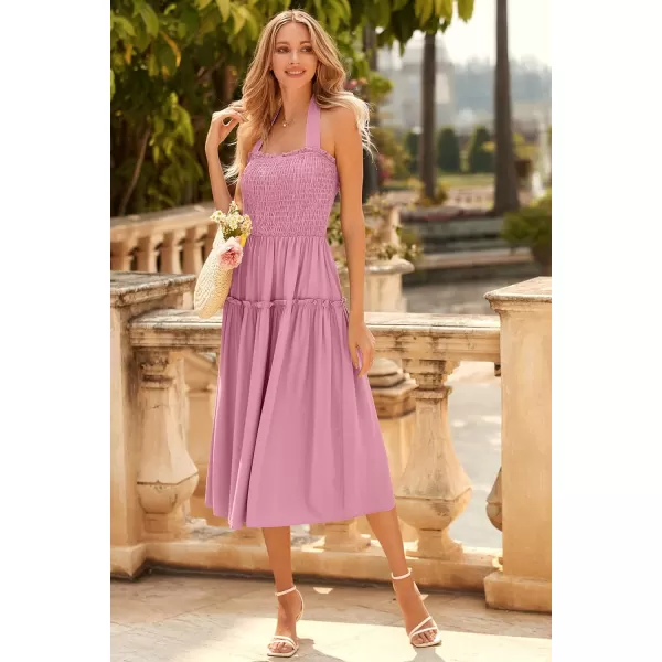 imagePRETTYGARDEN Womens 2023 Summer Maxi Dress Halter Neck Backless Ruffle Smocked Casual Long Flowy Boho DressesPink