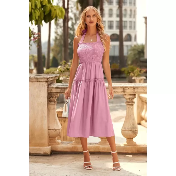 imagePRETTYGARDEN Womens 2023 Summer Maxi Dress Halter Neck Backless Ruffle Smocked Casual Long Flowy Boho DressesPink