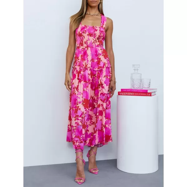imagePRETTYGARDEN Womens 2023 Summer Maxi Dress Halter Neck Backless Ruffle Smocked Casual Long Flowy Boho DressesPink Rose Red Floral