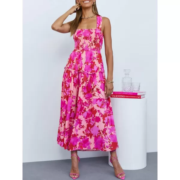 imagePRETTYGARDEN Womens 2023 Summer Maxi Dress Halter Neck Backless Ruffle Smocked Casual Long Flowy Boho DressesPink Rose Red Floral