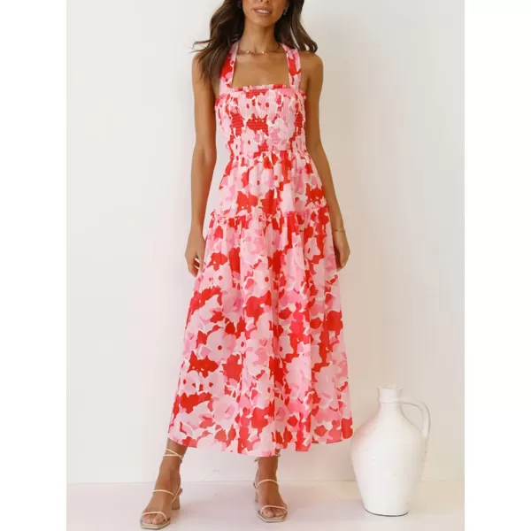 imagePRETTYGARDEN Womens 2023 Summer Maxi Dress Halter Neck Backless Ruffle Smocked Casual Long Flowy Boho DressesRed Pink Floral