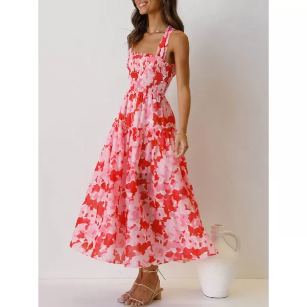 imagePRETTYGARDEN Womens 2023 Summer Maxi Dress Halter Neck Backless Ruffle Smocked Casual Long Flowy Boho DressesRed Pink Floral