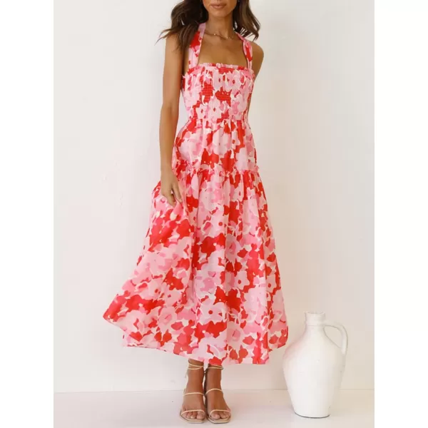 imagePRETTYGARDEN Womens 2023 Summer Maxi Dress Halter Neck Backless Ruffle Smocked Casual Long Flowy Boho DressesRed Pink Floral