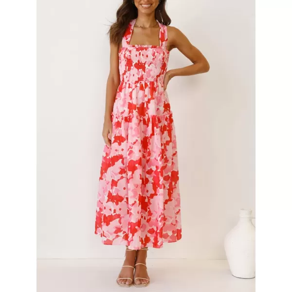 imagePRETTYGARDEN Womens 2023 Summer Maxi Dress Halter Neck Backless Ruffle Smocked Casual Long Flowy Boho DressesRed Pink Floral
