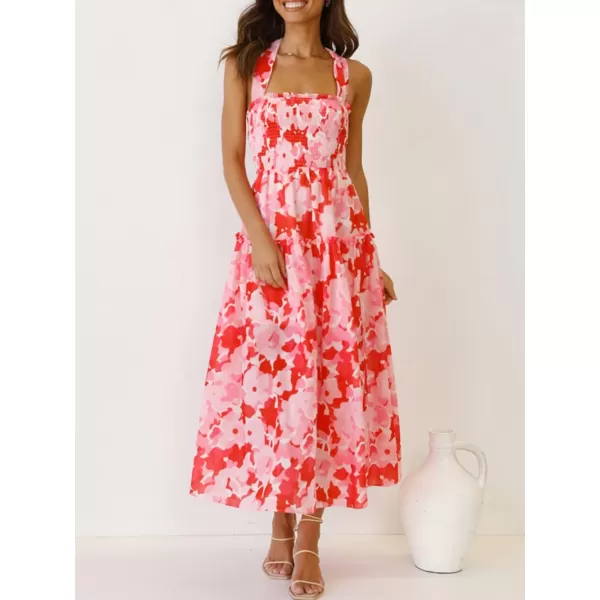 imagePRETTYGARDEN Womens 2023 Summer Maxi Dress Halter Neck Backless Ruffle Smocked Casual Long Flowy Boho DressesRed Pink Floral
