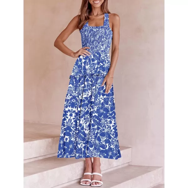 imagePRETTYGARDEN Womens 2023 Summer Maxi Dress Halter Neck Backless Ruffle Smocked Casual Long Flowy Boho DressesWhite Blue Floral