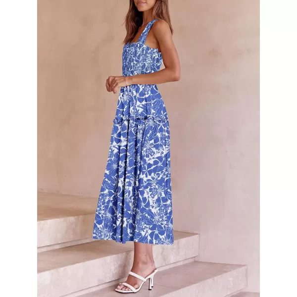 imagePRETTYGARDEN Womens 2023 Summer Maxi Dress Halter Neck Backless Ruffle Smocked Casual Long Flowy Boho DressesWhite Blue Floral