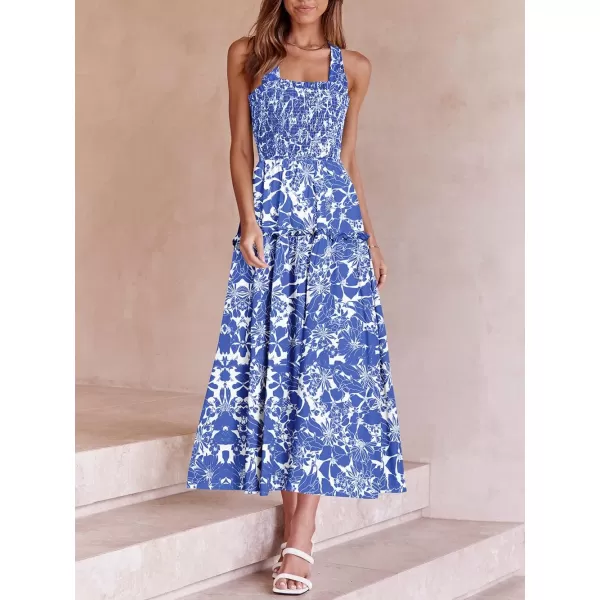 imagePRETTYGARDEN Womens 2023 Summer Maxi Dress Halter Neck Backless Ruffle Smocked Casual Long Flowy Boho DressesWhite Blue Floral
