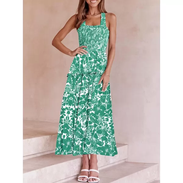 imagePRETTYGARDEN Womens 2023 Summer Maxi Dress Halter Neck Backless Ruffle Smocked Casual Long Flowy Boho DressesWhite Green Floral