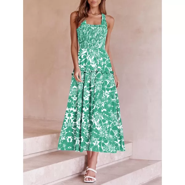 imagePRETTYGARDEN Womens 2023 Summer Maxi Dress Halter Neck Backless Ruffle Smocked Casual Long Flowy Boho DressesWhite Green Floral