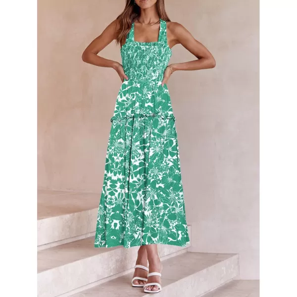 imagePRETTYGARDEN Womens 2023 Summer Maxi Dress Halter Neck Backless Ruffle Smocked Casual Long Flowy Boho DressesWhite Green Floral