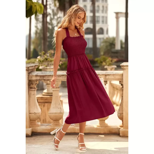 imagePRETTYGARDEN Womens 2023 Summer Maxi Dress Halter Neck Backless Ruffle Smocked Casual Long Flowy Boho DressesWine Red