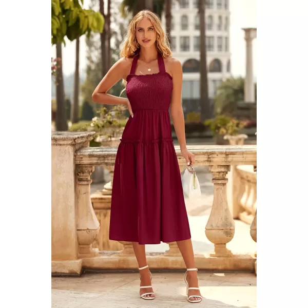 imagePRETTYGARDEN Womens 2023 Summer Maxi Dress Halter Neck Backless Ruffle Smocked Casual Long Flowy Boho DressesWine Red