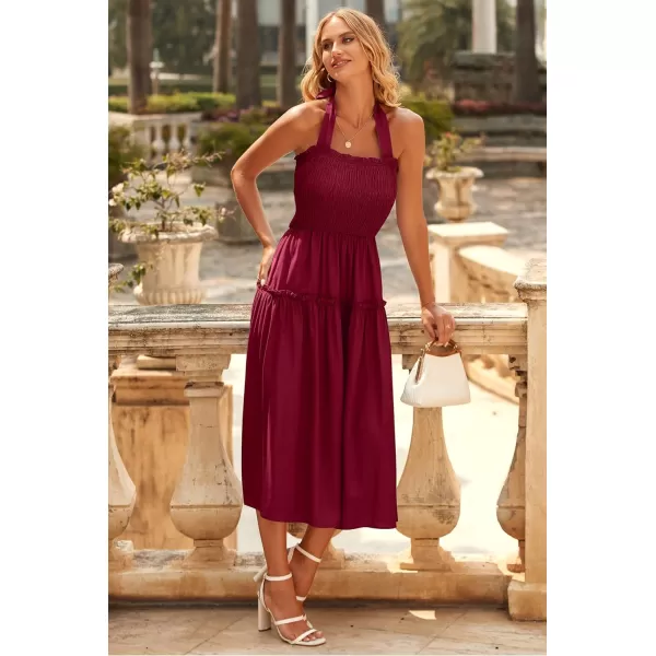 imagePRETTYGARDEN Womens 2023 Summer Maxi Dress Halter Neck Backless Ruffle Smocked Casual Long Flowy Boho DressesWine Red