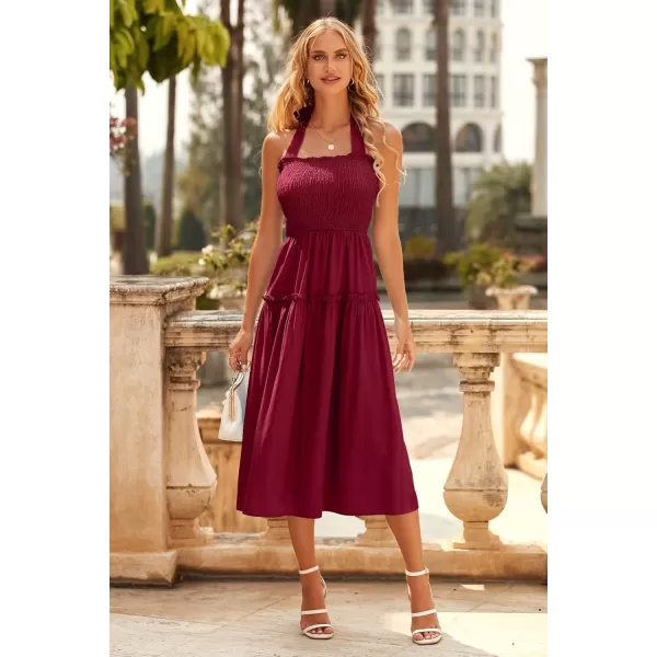 imagePRETTYGARDEN Womens 2023 Summer Maxi Dress Halter Neck Backless Ruffle Smocked Casual Long Flowy Boho DressesWine Red