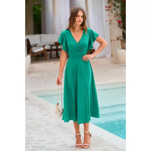 imagePRETTYGARDEN Womens 2023 Summer Midi Dress Ruffle Cap Sleeve V Neck Swing A Line Cocktail Party DressesBean Green