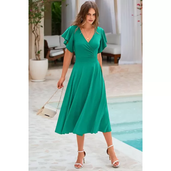 imagePRETTYGARDEN Womens 2023 Summer Midi Dress Ruffle Cap Sleeve V Neck Swing A Line Cocktail Party DressesBean Green