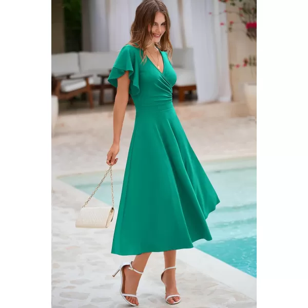imagePRETTYGARDEN Womens 2023 Summer Midi Dress Ruffle Cap Sleeve V Neck Swing A Line Cocktail Party DressesBean Green