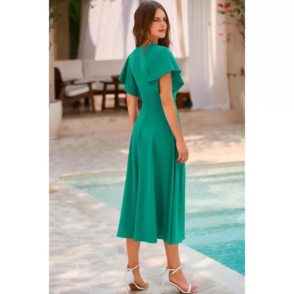 imagePRETTYGARDEN Womens 2023 Summer Midi Dress Ruffle Cap Sleeve V Neck Swing A Line Cocktail Party DressesBean Green