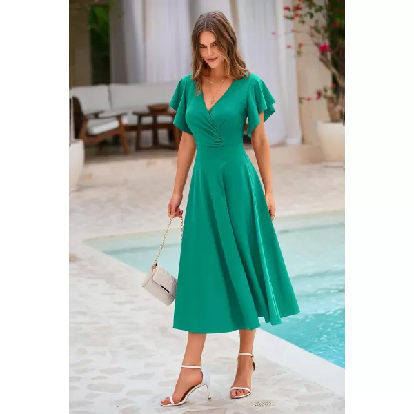 imagePRETTYGARDEN Womens 2023 Summer Midi Dress Ruffle Cap Sleeve V Neck Swing A Line Cocktail Party DressesBean Green