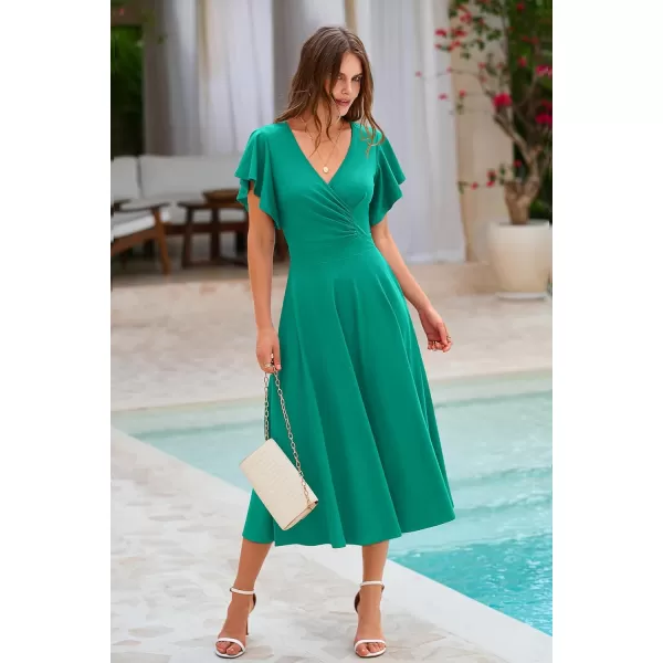 imagePRETTYGARDEN Womens 2023 Summer Midi Dress Ruffle Cap Sleeve V Neck Swing A Line Cocktail Party DressesBean Green
