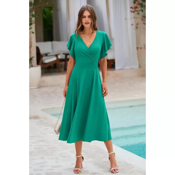 imagePRETTYGARDEN Womens 2023 Summer Midi Dress Ruffle Cap Sleeve V Neck Swing A Line Cocktail Party DressesBean Green