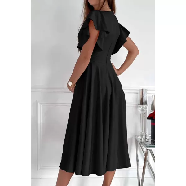 imagePRETTYGARDEN Womens 2023 Summer Midi Dress Ruffle Cap Sleeve V Neck Swing A Line Cocktail Party DressesBlack