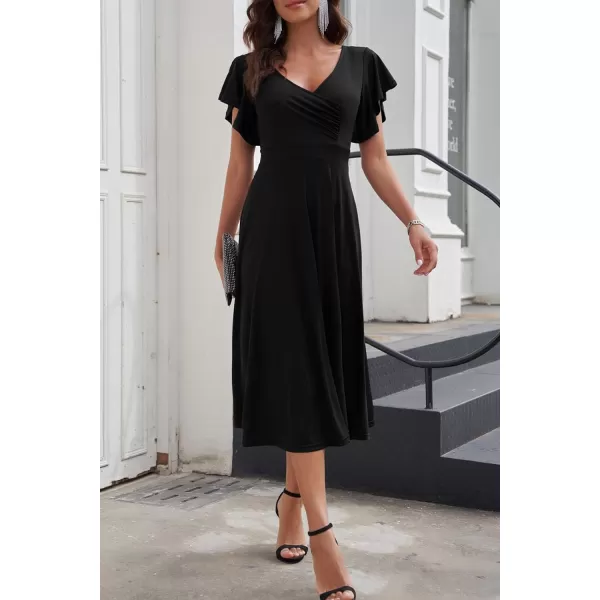 imagePRETTYGARDEN Womens 2023 Summer Midi Dress Ruffle Cap Sleeve V Neck Swing A Line Cocktail Party DressesBlack