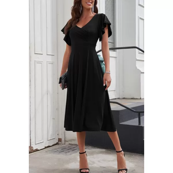 imagePRETTYGARDEN Womens 2023 Summer Midi Dress Ruffle Cap Sleeve V Neck Swing A Line Cocktail Party DressesBlack