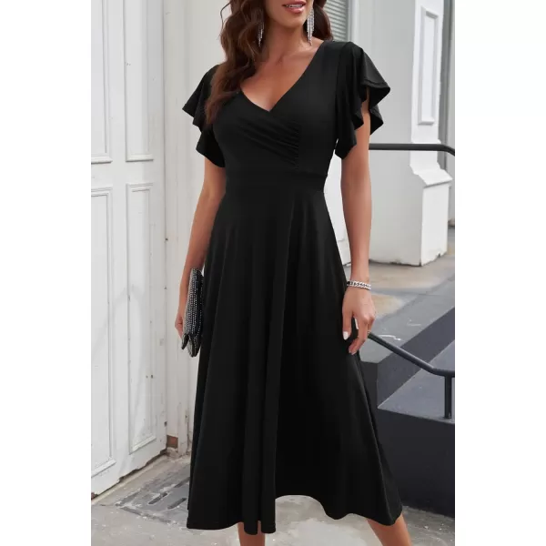 imagePRETTYGARDEN Womens 2023 Summer Midi Dress Ruffle Cap Sleeve V Neck Swing A Line Cocktail Party DressesBlack