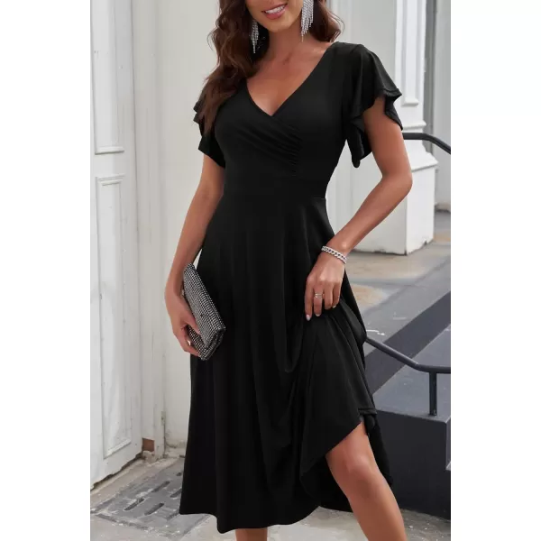imagePRETTYGARDEN Womens 2023 Summer Midi Dress Ruffle Cap Sleeve V Neck Swing A Line Cocktail Party DressesBlack