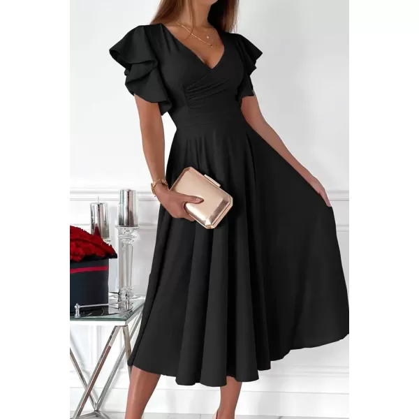 imagePRETTYGARDEN Womens 2023 Summer Midi Dress Ruffle Cap Sleeve V Neck Swing A Line Cocktail Party DressesBlack
